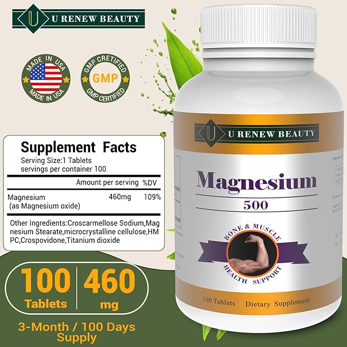 Magnesium 460mg Supplement,Magnesium Oxide Flakes for Muscle, Heart, Bone and Nerve Health Support,Coated Tablets,Non-GMO Ingredients,100 Servings (Pack of 2) 200 Day Supply