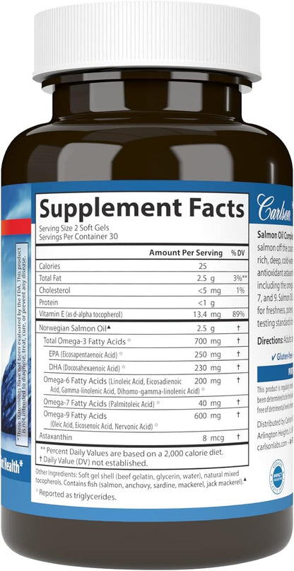 Carlson - Salmon Oil Complete, 700 mg Omega-3s + Astaxanthin, Cardiovascular Support, Brain Function & Joint Health, 60 Softgels