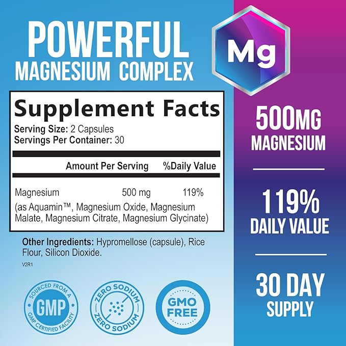 Magnesium Complex Supplement 500 mg - 5 in 1 High Absorption Chelated Magnesium Glycinate, Malate, Citrate, Oxide, Aquamin - Non-GMO Magnesio Capsules, Bone Muscle & Heart Health Support, 60 Capsules