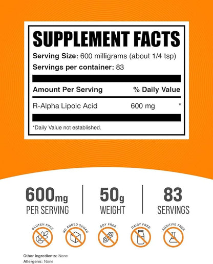 BulkSupplements.com R-Alpha Lipoic Acid Powder - R-ALA Supplement, R Alpha Lipoic Acid 600mg - Antioxidants Supplement, Gluten Free, 600mg per Serving, 50g (1.76 oz) (Pack of 1)