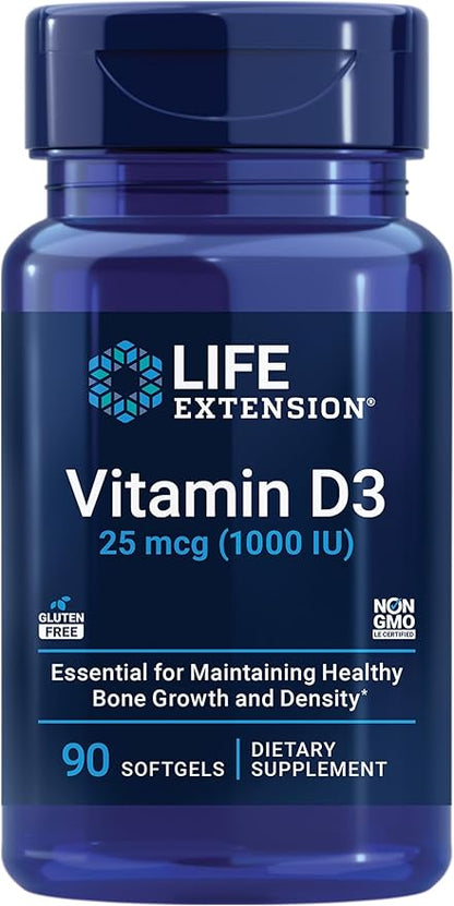 Life Extension Vitamin D3 25 mcg (1000 IU), Immune System Support, Bone Health, Whole-Body Health, Value Size, Gluten-Free, Non-GMO, 90 softgels
