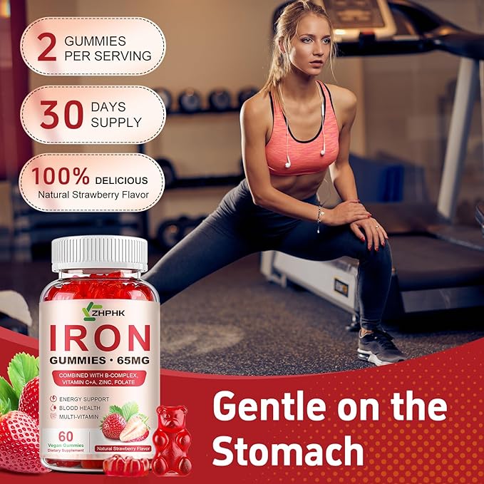 Iron Supplement Gummies, 65mg Iron and 250mg Vitamin C for Women Men Kids, Natural Vegan Iron Gummy with Vitamin A, B-Complex, Biotin, Zinc & Folate Energy Support & Immune Health, 60 Gummies