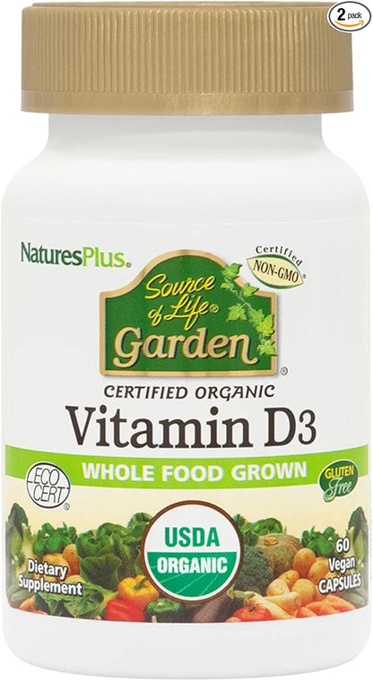 Natures Plus Source of Life Garden Vitamin D3-60 Vegan Capsules, Pack of 2 - Immune System Support - Certified Organic, Non-GMO, Gluten Free - 60 Total Servings