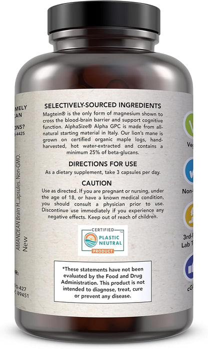 AMANDEAN Brain Health Supplement. Magnesium L-Threonate (Magtein), Lion's Mane Mushroom Extract, Alpha GPC Choline Complex. Nootropic Cognitive Support for Memory, Focus, Clarity. 90 Veggie Capsules.