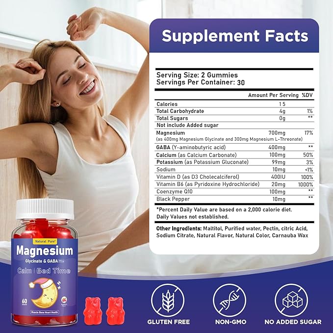 Magnesium Glycinate Gummies with GABA for Clam and Bed Time 400mg Sugar Free Magnesium Glycinate Supplement with Vitamin D, B6, and CoQ10 for Calm & Bed Time for Kids Adults