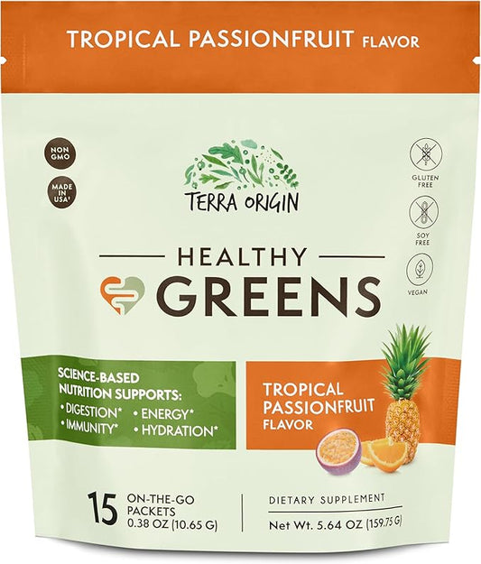 TERRA ORIGIN Greens Powder Superfood Supplement | 15 Packets | Supports Digestion | with Probiotic Blend, Digestive Enzymes, Antioxidants, Spirulina, Chlorella | Tropical Passionfruit