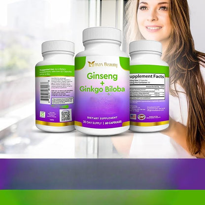 Premium Ginseng & Ginkgo Biloba Supplement - 700mg Ginseng Extract Powder + 600mg Ginkgo Leaf + 120mg Ginkgo Extract - Natural Energy, Focus & Memory Support - Vegan, Non-GMO, Gluten-Free 60 Capsules
