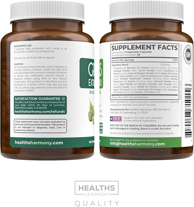 Super Greens Antioxidants Superfoods 2250mg Supplement - 20 Ingredients with Sprouts, Mushrooms, Roots, Garlic, Bitter Melon, Artichoke, Celery Seed, Cayenne pepper, Alfalfa NON GMO - 180 Capsules