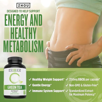 Zhou Nutrition Green Tea Extract Supplement - Green Tea & ECGC for Women & Men, Clean Caffeine Energy, Antioxidant Support, 500mg Per Serving - 120 Vegan Friendly Capsules