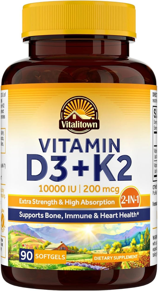 Vitalitown Vitamin D3 K2 Supplement, Vitamin D3 10000 IU Vitamin K2 (MK7) 200 mcg, 90 Softgels, Non-GMO, No Gluten & Soy, for Bone, Teeth, Immune, Heart & Muscle Health