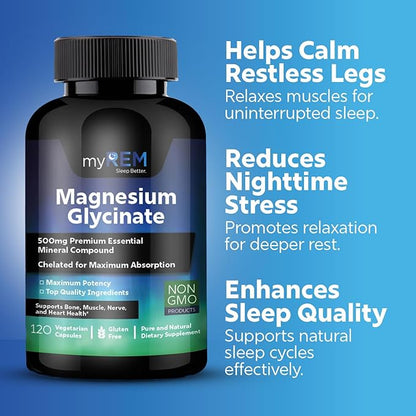 Magnesium Glycinate, 500mg Premium Essential Mineral Compound, Chelated for Maxium Absorbtion, Supports Bone, Muscle, Nerve, and Heart Health (60 Servings)