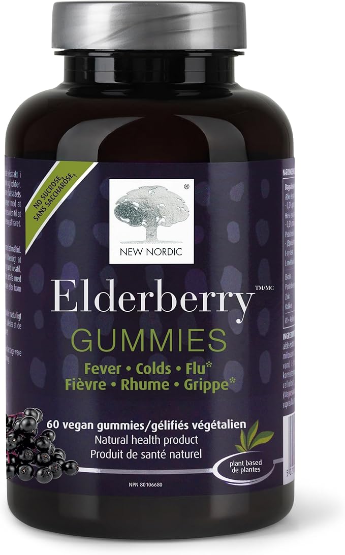 NEW NORDIC Elderberry Vegan Gummies, Sugar Free Chewable Immune Support with Vitamin C for Adults and Kids 4+, No Artificial Colors or Flavors, 60 Count (Pack of 1)