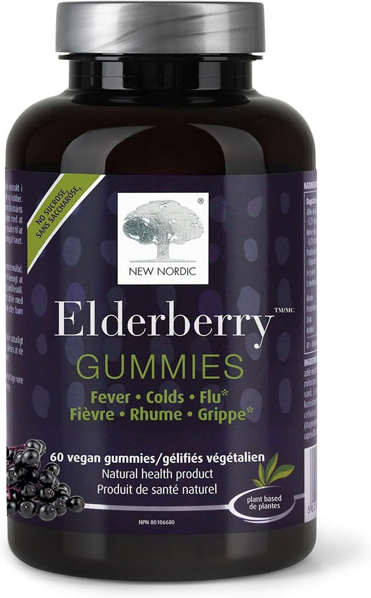 NEW NORDIC Elderberry Vegan Gummies, Sugar Free Chewable Immune Support with Vitamin C for Adults and Kids 4+, No Artificial Colors or Flavors, 60 Count (Pack of 1)