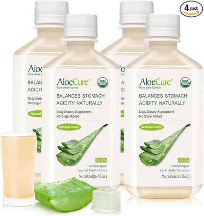 AloeCure USDA Organic Aloe Vera Juice Made Within 12 Hrs of Harvest - Pure Aloe Juice Natural Digestive Supplement to Support Digestion, Immune System and Balanced Stomach Acidity, 4 x 500ml Bottles
