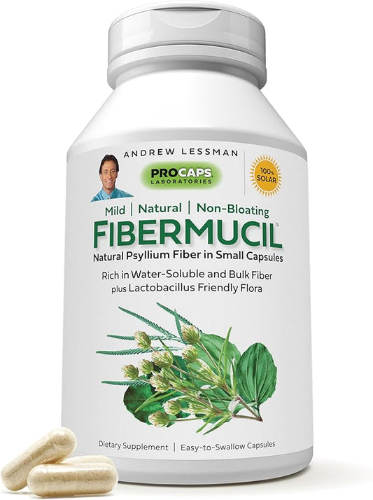 ANDREW LESSMAN Fibermucil 60 Capsules -Psyllium Husk Powder. Gently Promotes Regularity and Digestive Health. Rich in Fiber. Gentle, Easy, Effective. No Additives. Small Easy to Swallow Capsules