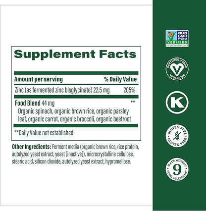 MegaFood Zinc Supplements - Vegan Immune Support Supplement With 22.5 mg High Potency Fermented Zinc - Made With Real Food - Gluten-Free, Kosher - 60 Tablets, 60 Servings
