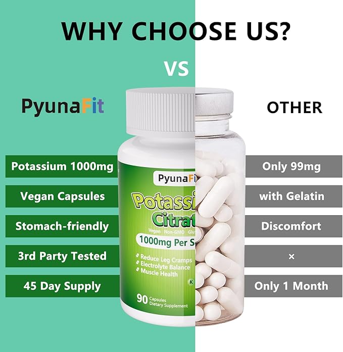 Potassium Supplement 1000mg – High Potassium Citrate for Leg Cramps, Muscle Health, and Heart Support, Non-GMO & Gluten-Free, 90 Capsules