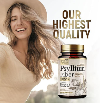 Psyllium Husk Fiber Caps 1500mg Supplement - Psyllium Husk Capsules Daily Support Digestive Health & Regularity, Nature's Plant Based Husks Natural Soluble Fiber Pills, Vegan, Non-GMO - 120 Capsules
