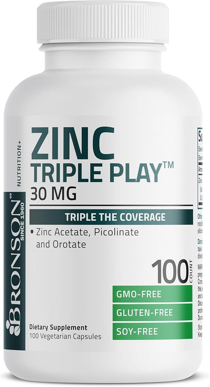 Bronson Zinc Triple Play 30 mg Triple Coverage Immune Support with Zinc Acetate, Picolinate & Orotate - Immune, Antioxidant & Skin Health Support - 100 Vegetarian Capsules