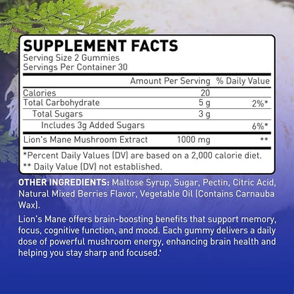 Lion's Mane Mushroom Gummies – 1000mg for Focus & Cognitive Support, Vegetarian & Gluten-Free, Mixed Berry Flavor, 60 Count