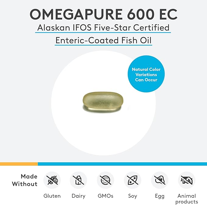 XYMOGEN OmegaPure 600 EC - International Fish Oil Standards (IFOS) Five-Star Certified Fish Oil - DHA EPA Omega-3 Supplement for Cardiovascular + Cognitive Support (120 Softgels)