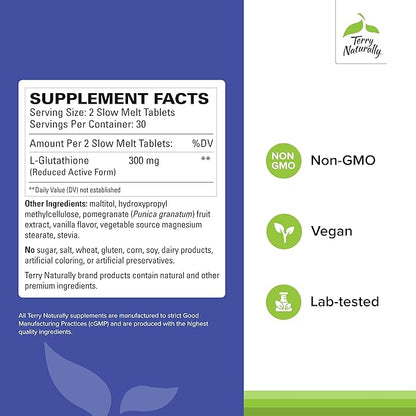 Terry Naturally Clinical Glutathione - Antioxidant Supplement for High Absorption - Dietary Supplement with L-Glutathione - Vegan Supplement to Support Cell Health - 60 Slow Melt Tablets