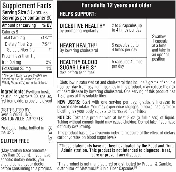 Member's Mark 100% Natural Psyllium Husk Fiber Capsules, Digestive Health, 400 Count (Pack of 1)