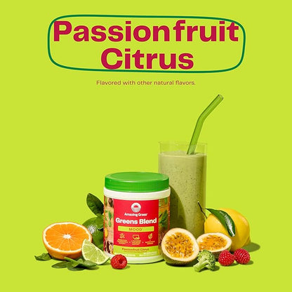 Amazing Grass Greens Blend Mood: Super Greens Powder Smoothie Mix for Mood, Relaxation & Stress Support with Organic Spirulina, Chlorella, Beet Root Powder, Digestive Enzymes & Probiotics, 15 Servings