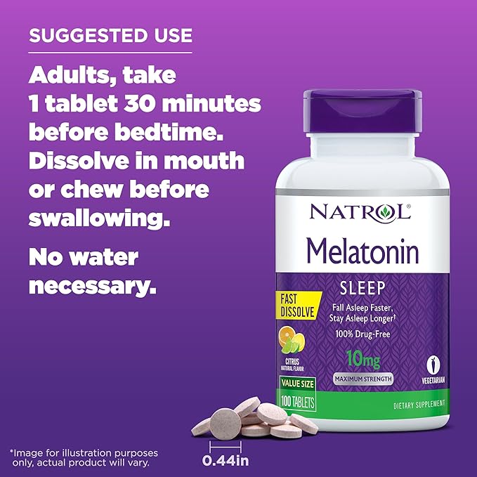 Natrol Fast Dissolve Melatonin 10 mg, Melatonin Supplements for Restful Sleep, Sleep Support for Adults, 100 Citrus-Flavored Tablets, Up to a 100 Day Supply