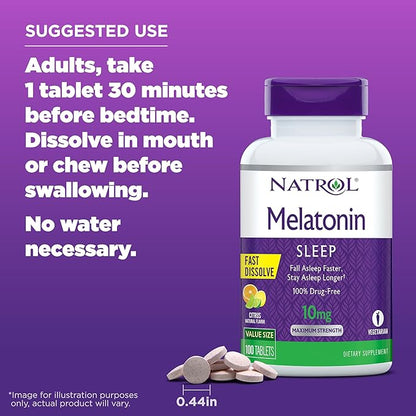 Natrol Fast Dissolve Melatonin 10 mg, Melatonin Supplements for Restful Sleep, Sleep Support for Adults, 100 Citrus-Flavored Tablets, Up to a 100 Day Supply