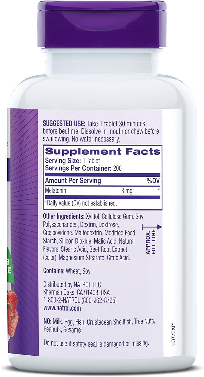 Natrol Fast Dissolve Melatonin 3 mg, Supplements for Restful Sleep, Sleep Support for Adults, 200 Strawberry-Flavored Melatonin Tablets, Up to a 200 Day Supply