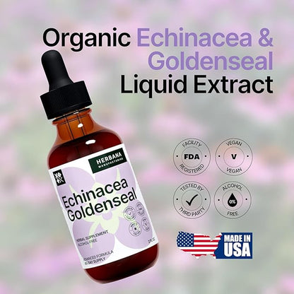 Echinacea and Goldenseal 2 fl oz Liquid Extract - Natural Herbal Supplement - Immune Support Drops - Enhance Sleep | Boost Energy - High Potency - 45-Day Supply