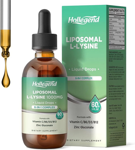 Liposomal L-lysine 1000MG Liquid Drops, Lysine Supplement for Women & Kids with Vitamin C, B6, D3, B12 &Zinc Gluconate, Skin & Lip Health, Immune & Collagen Production Support, Lemon Flavor, 2 fl oz