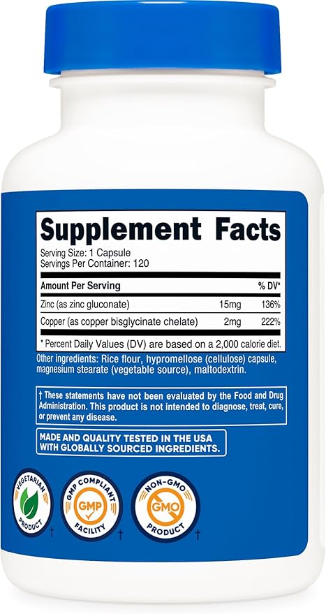 Nutricost Zinc + Copper Capsules (120 Servings)(15MG Zinc + 2MG Copper Per Serving) - Non GMO, Vegetarian