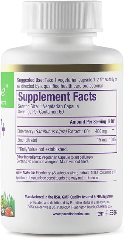 Paradise Herbs Elderberry with Zinc Extract, Supports Body's Natural Defenses, Super Potent, Ultra Pure, Vegan, Non GMO, Gluten Free, 60 Vegetarian Capsules