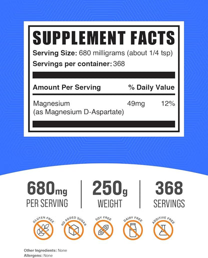 BulkSupplements.com Magnesium D-Aspartate Powder - Magnesium Supplement, High Absorption Magnesium - Gluten Free, 680mg (49mg of Magnesium) per Serving, 250g (8.8 oz) (Pack of 1)