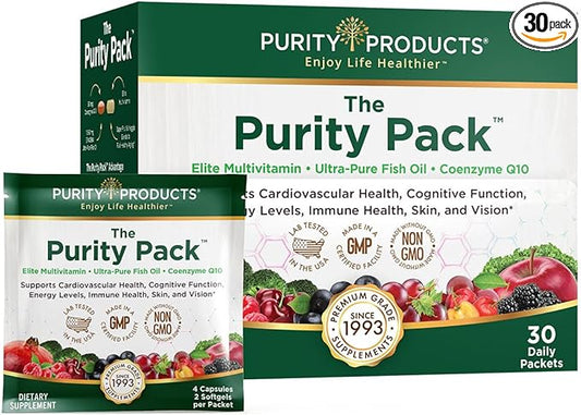 Purity Products Purity Pack (Elite Multi + Fish Oil + COQ10) - 1280mg of EPA + DHA + Omega-3's from Ultra Pure Fish Oil - Power Packed with Vitamins, Minerals, Super Fruits & More - 30 to-Go Packets