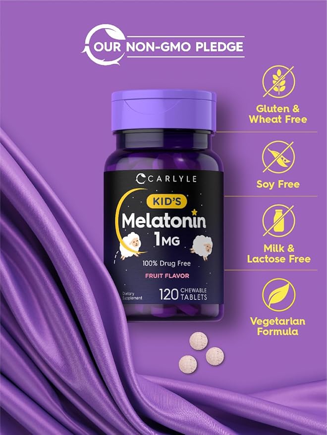 Carlyle Kids Melatonin 1mg | 120 Chewable Tablets | Fruit Flavor | Vegetarian Supplement | Non-GMO, Gluten Free Formula