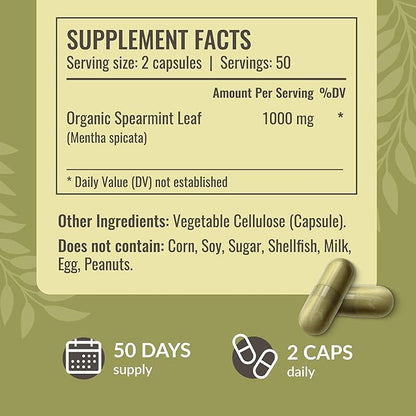 HERBAMAMA Spearmint Leaf Capsules - 1000mg Spearmint Leaves for Gut Cleanse & Digestive Support - Vegan Non-GMO Mentha Spicata Supplement 100 Caps