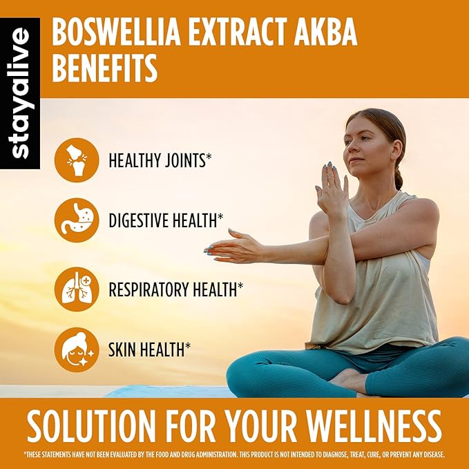 STAY ALIVE Boswellia Serrata Extract Capsules 1000mg with AKBA and 65% Boswellic Acid, 12:1 Resin Extract Powder, 120 Count for 2-Month Supply, Non-GMO and Gluten-Free Boswellia Supplement