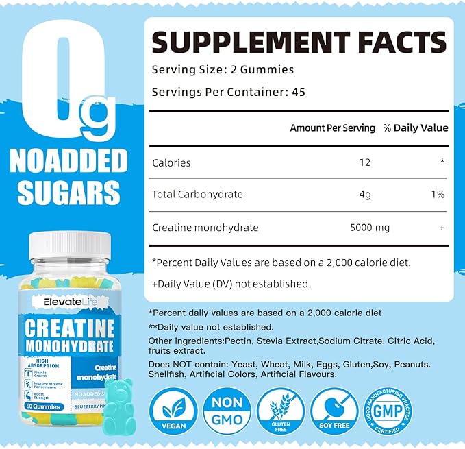 Creatine Monohydrate Gummies 5000mg for Men & Women, Chewables Creatine Monohydrate for Muscle Strength, Muscle Builder, Energy Boost, Pre-Workout Supplement(90 Count)-Blueberry Pineapple