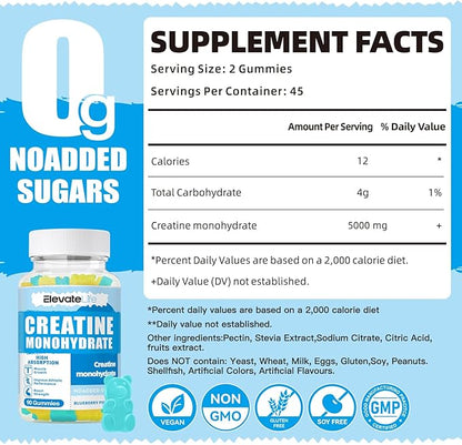 Creatine Monohydrate Gummies 5000mg for Men & Women, Chewables Creatine Monohydrate for Muscle Strength, Muscle Builder, Energy Boost, Pre-Workout Supplement(90 Count)-Blueberry Pineapple