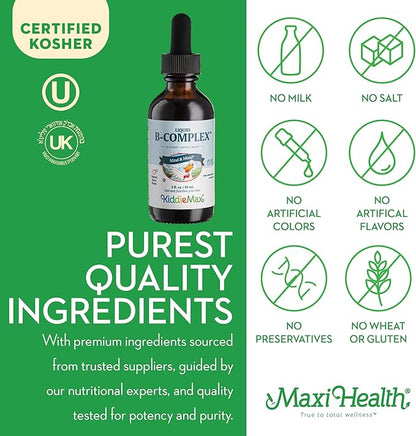 Maxi Health Kids Raspberry Liquid Vitamin B Complex - Vitamin Supplement with Vitamin B12 - Sublingual B Vitamins Complex Drops for Kids with B1 B2 B3 B5 B6 Biotin Folic Acid - 2 fl. Ounces