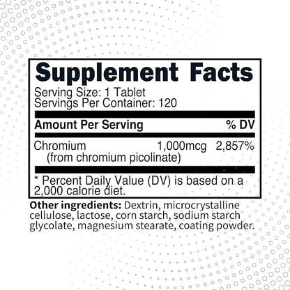 Type Zero Clean Chromium Picolinate Tablets (120 Servings, 1,000 MCG Per Serving) - Non-GMO, Gluten Free