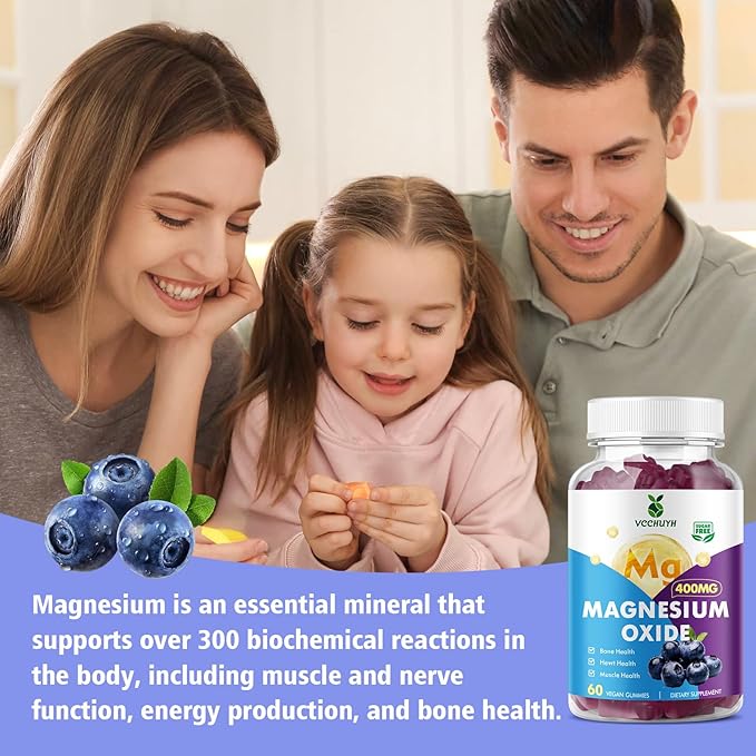 Magnesium Oxide Gummies 400mg, Sugar Free Magnesium Oxide Supplement for Adults & Kids, Muscle Support & Energy Boost, Non GMO, Blueberry Flavor 60 Count