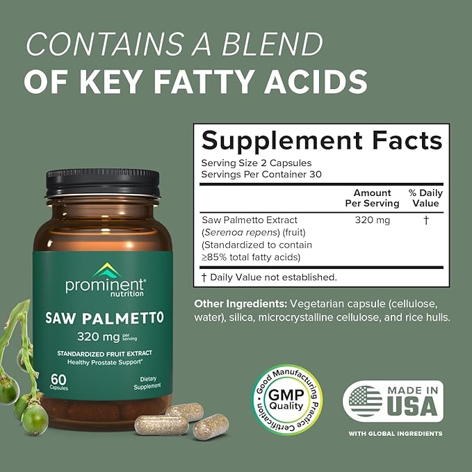 Prominent Nutrition Saw Palmetto Supplement, Healthy Prostate Support Saw Palmetto for Men, Supplement for Urinary Health, 160 mg, 30 Day Supply