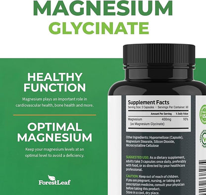 Pure Magnesium Glycinate 400mg Serving - High Absorption Magnesium Glycinate - Mag Bisglycinate for Stress, Bones, Muscles, Nerves, Relaxation & Heart Health, Non GMO & Gluten Free - 180 Capsules