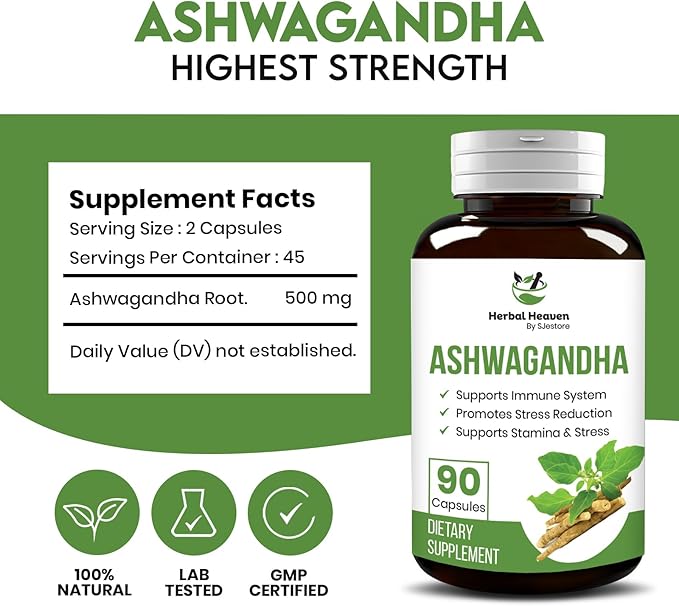 Herbal Heaven Ashwagandha Capsules 90 Count | Ashwagandha Powder Capsules for Ultimate Overall Wellbeing