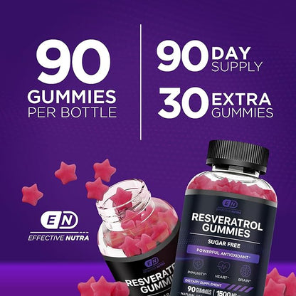 Resveratrol Gummies 1500mg | Sugar-Free Supplement for Antioxidant Support, Immunity, Heart Health, and Brain Function | 45-Day Supply, Natural Berry Flavor, Made in USA (90 Count)