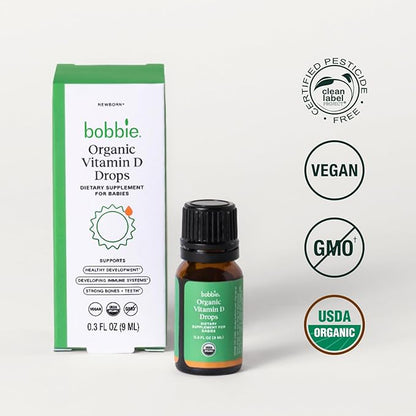 Bobbie Organic Baby Vitamin D Drops, Daily Liquid Supplement to Support Development, Immune Health and Strong Teeth and Bones* in Newborn Babies and Infants, Vegan, Infant Vitamin D, 400 IU, 0.3 fl oz
